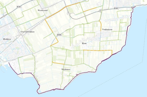 Kaart met het ingetekende proefgebied Zuiderdijk