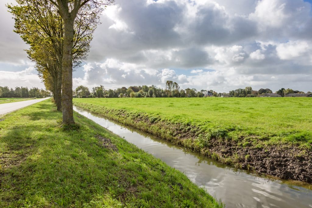 sloot met bomen en een bewolkte lucht